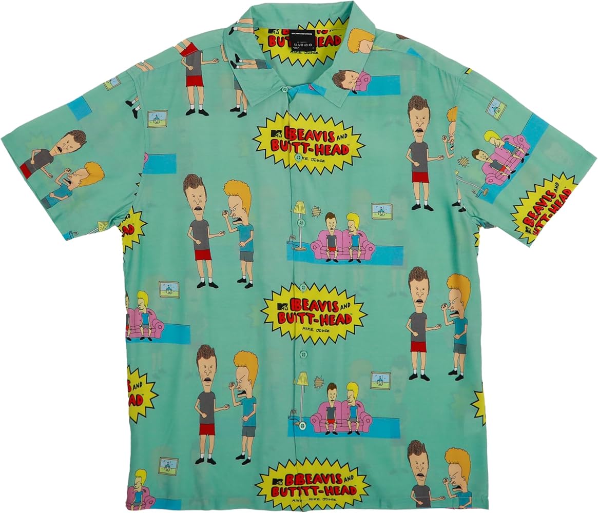 Beavis & Butt-Head Repeat Characters & Logo Short Sleeve Blue Button-Down Shirt