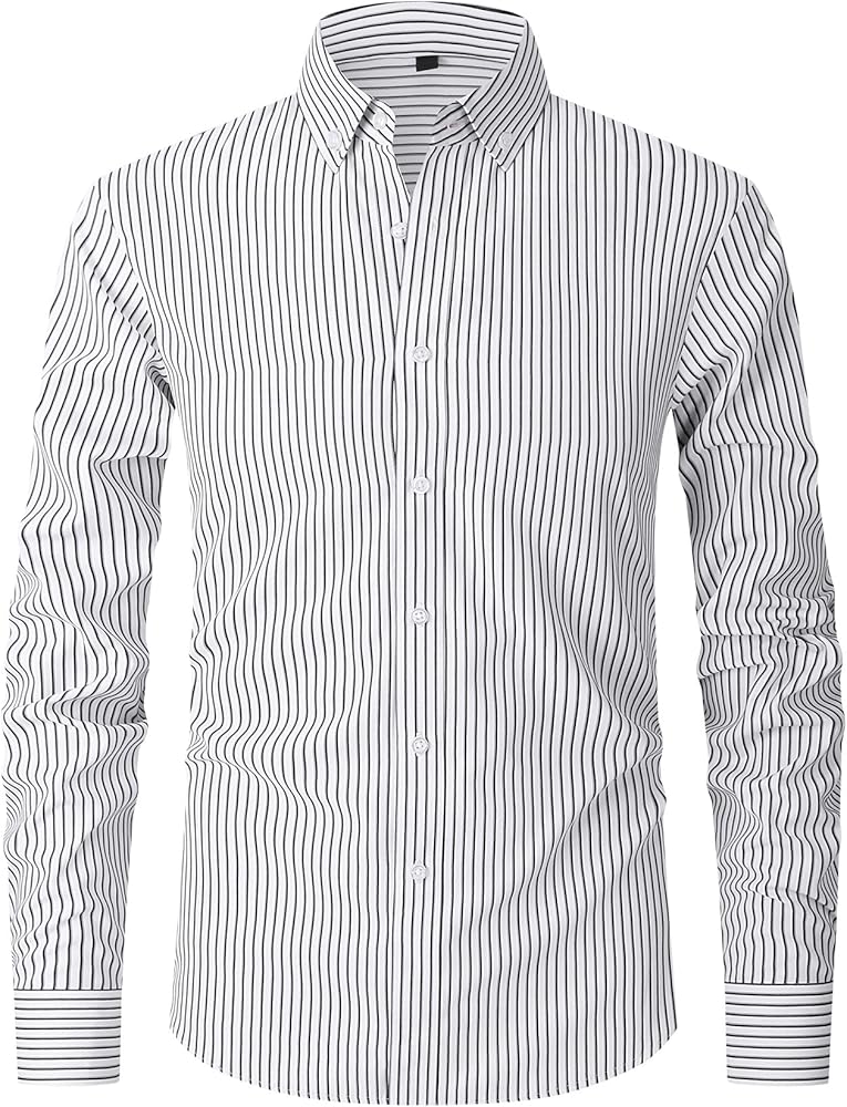 Slim Fit Button Down Casual Striped Dress Shirt, Long Sleeve, White