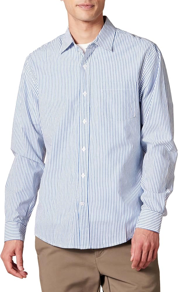 Amazon Essentials Men's Slim-Fit Long-Sleeve Poplin Shirt, Blue White Vertical Stripe, Medium