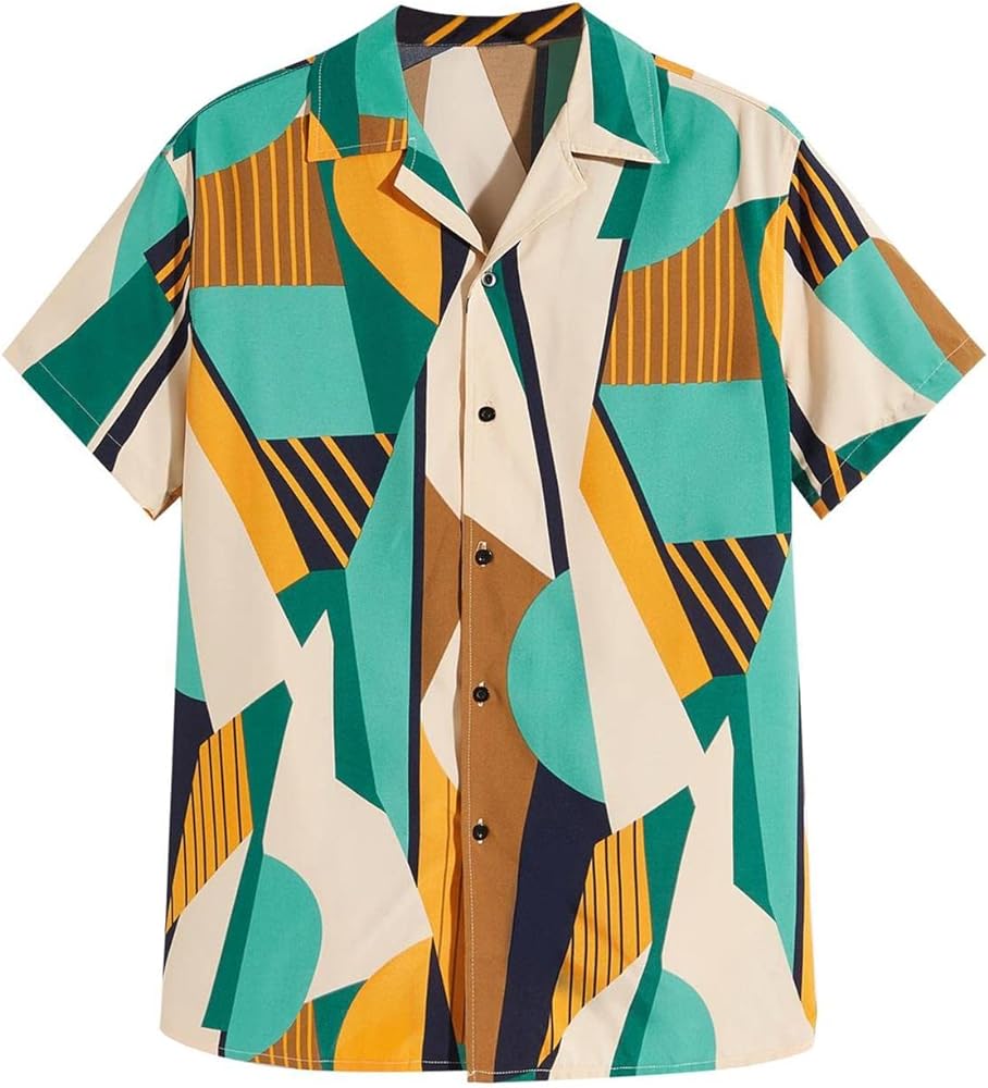 OYOANGLE Men's Casual Geo Graphic Print Short Sleeve Button Down Shirt Top Beach Shirts