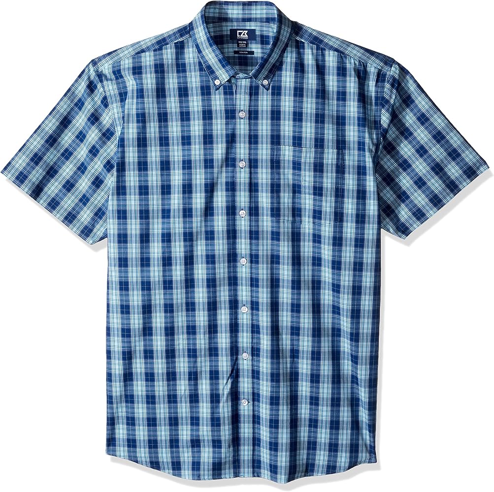 Cutter & Buck Men's Big & Tall Short Sleeve Strive Shadow Plaid Button Up Shirt