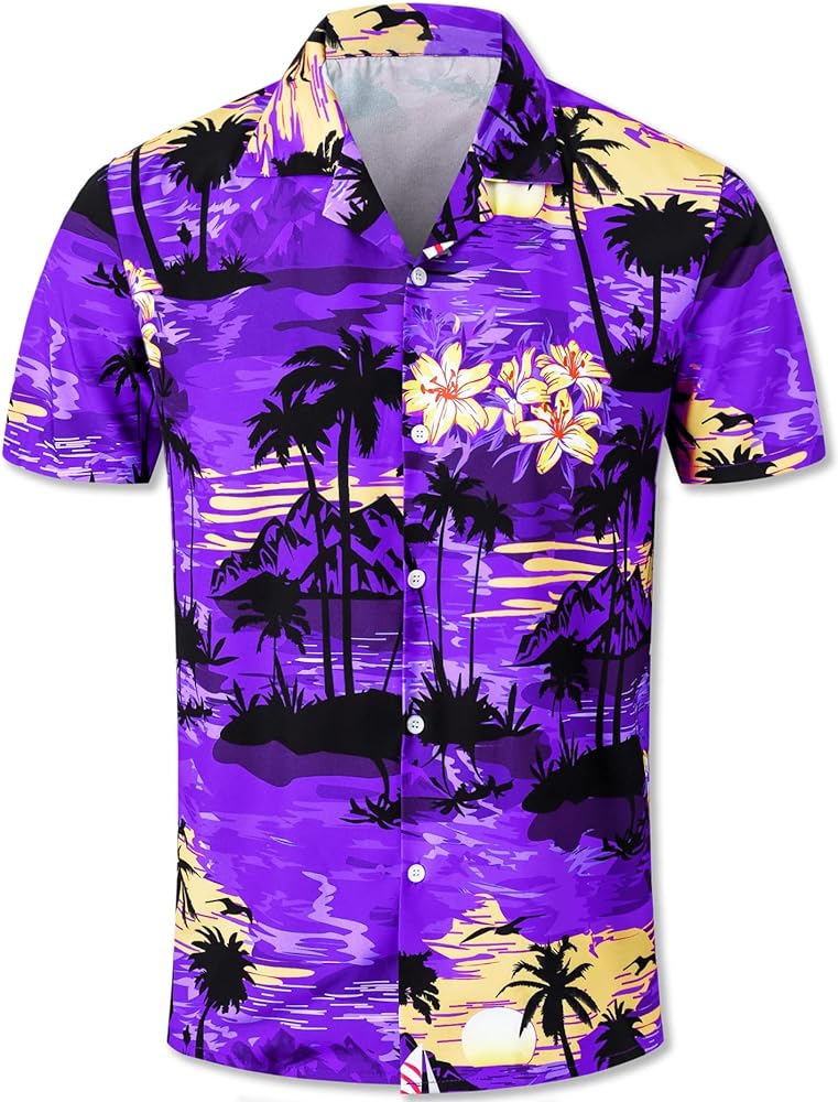 QZH.DUAO Hawaiian Party Shirt for Men, Short Sleeve Beach Printed Summer Button Down Casual Aloha Shirts, 308 Purple, Small