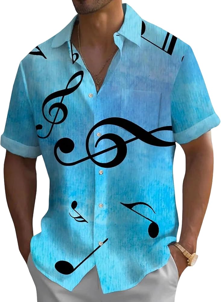 Music Shirts for Men Hawaiian Vintage Print Short Sleeve Bowling Casual Button Down Camping Shirt