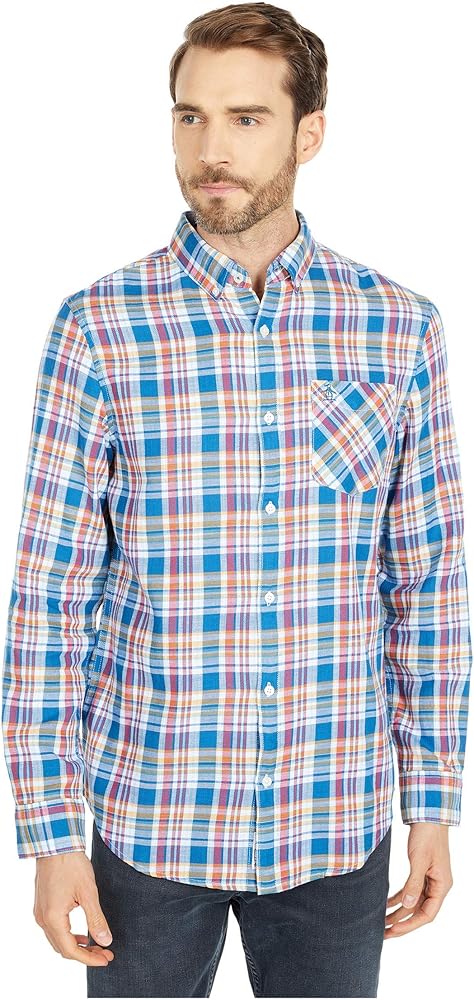 Original Penguin Men's Standard Plaid Long Sleeve Button-Down Shirt, Blue Sapphire, X Large