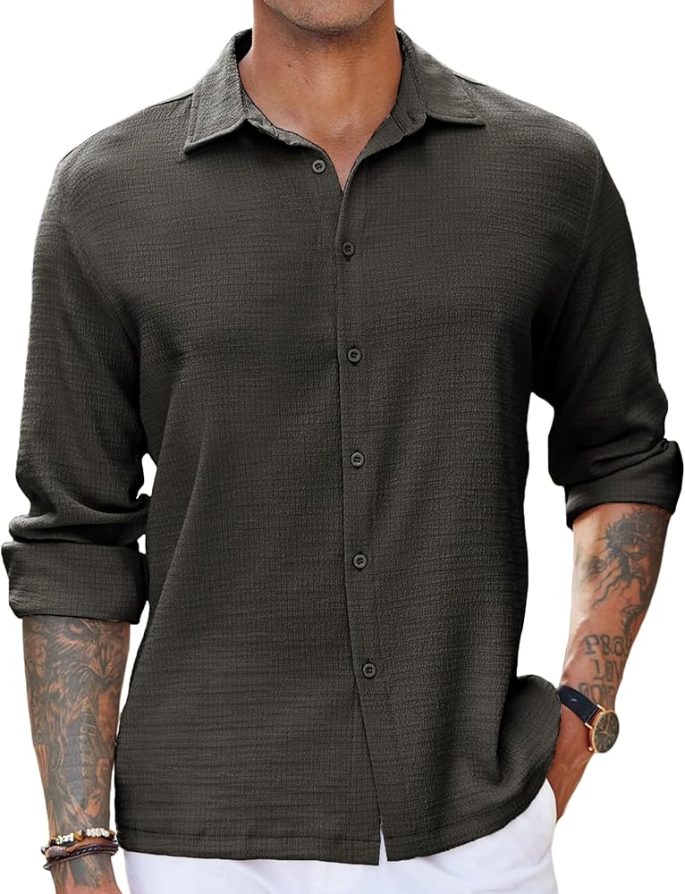 COOFANDY Men's Casual Long Sleeve Button Down Shirt Textured Wrinkle-Free Untucked Shirts