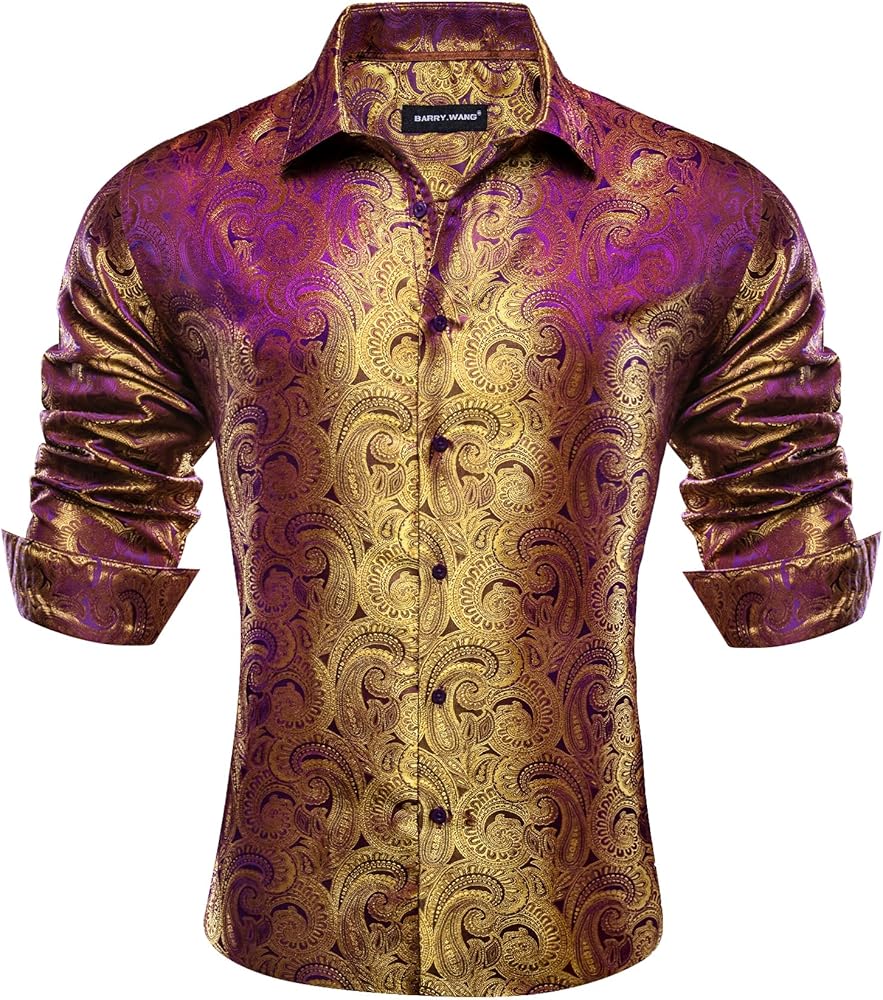 Barry.Wang Men Dress Shirts Paisley 70s Disco Shirt Button Down Silk Long Sleeve Tops for Wedding/Prom/Party/Nightclub