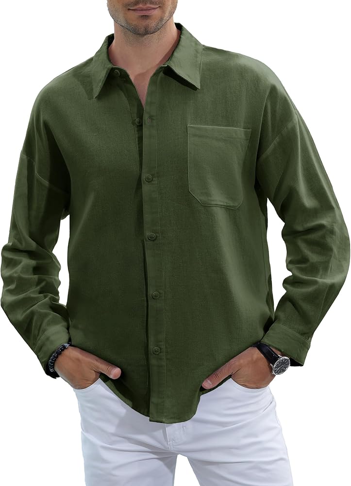 Button Down Linen Shirts for Men Long Sleeve Casual Summer Solid Loose Fit Beach Cotton Shirt with Pocket