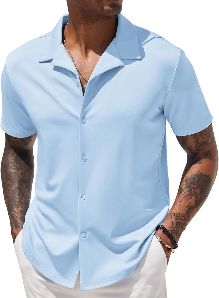 COOFANDY Mens Casual Button Down Shirts Short Sleeve Wrinkle Free Summer Dress Shirt Sky Blue