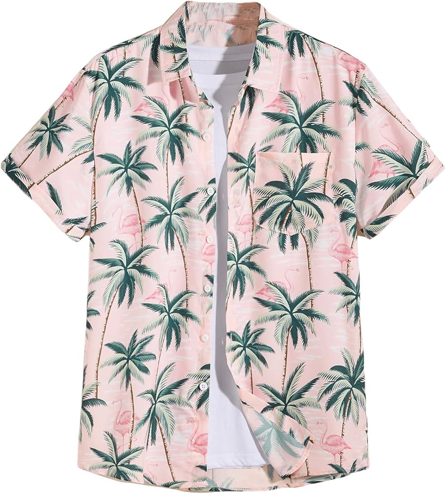 Floerns Men's Tropical Print Short Sleeve Button Down Boho Shirt Blouse Top