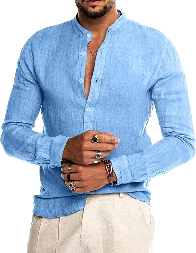 Mens Linen Button Down Shirts Long Sleeve Casual Summer Beach Shirts Yoga Tops Lightweight Solid Plain Shirt