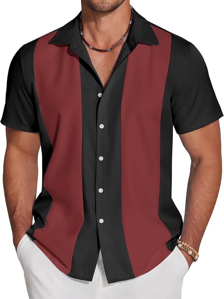 COOFANDY Men Casual Button Down Shirts Hawaiian Short Sleeve Summer Beach Shirt Black Red