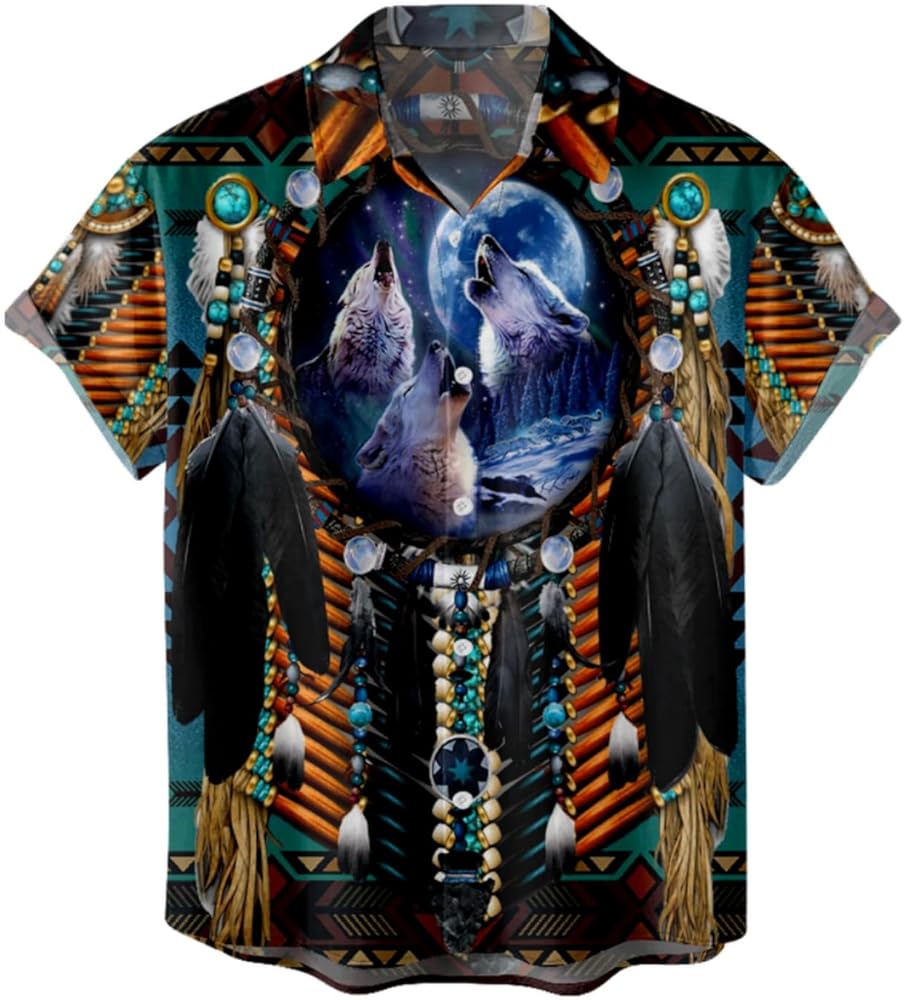 Men's Native American Indian Shirt Short Sleeve Button Down T-Shirt Tops