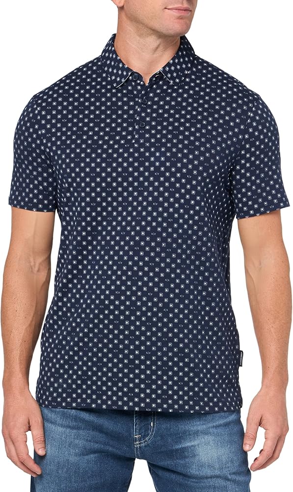 A | X ARMANI EXCHANGE Men's Regular Fit Cotton Jersey Printed Polo, D.Blue Right Angle