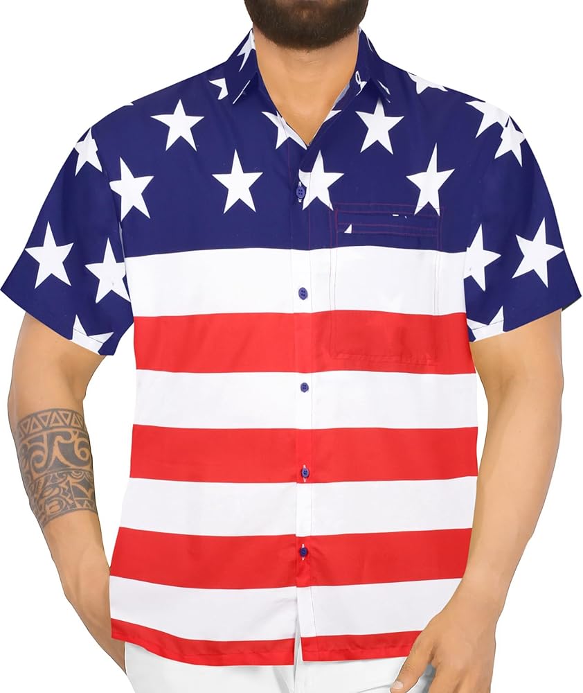 LA LEELA Men's 4th of July Short Sleeve Button Down Shirt Beach Hawaiian Patriotic US American Flag Shirts for Men