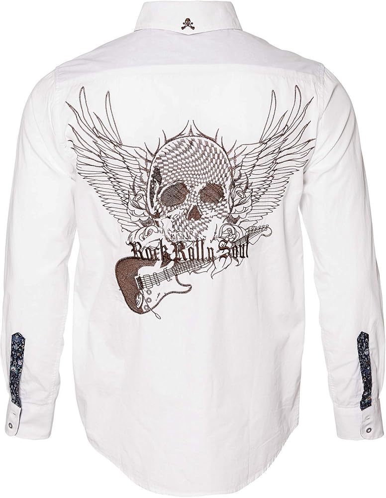 Rock Roll n Soul Men's Rock Shop Flying Skull Guitar Embroidered Long Sleeve Button-Up Shirt