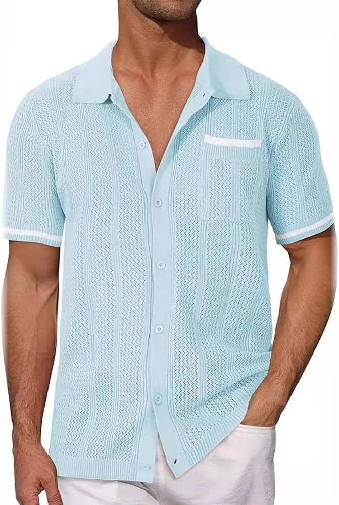 Generic Mens Knit Shirts Casual Short Sleeve Crochet Textured Sheer Mesh Button Down Polo Shirts Summer Beach Shirts Tops