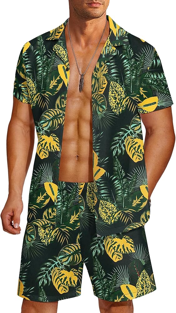 COOFANDY Men's Hawaiian Matching Shirt and Shorts Set Summer Beach 2 Piece Outfits Short Sleeve Cuban Shirts and Shorts