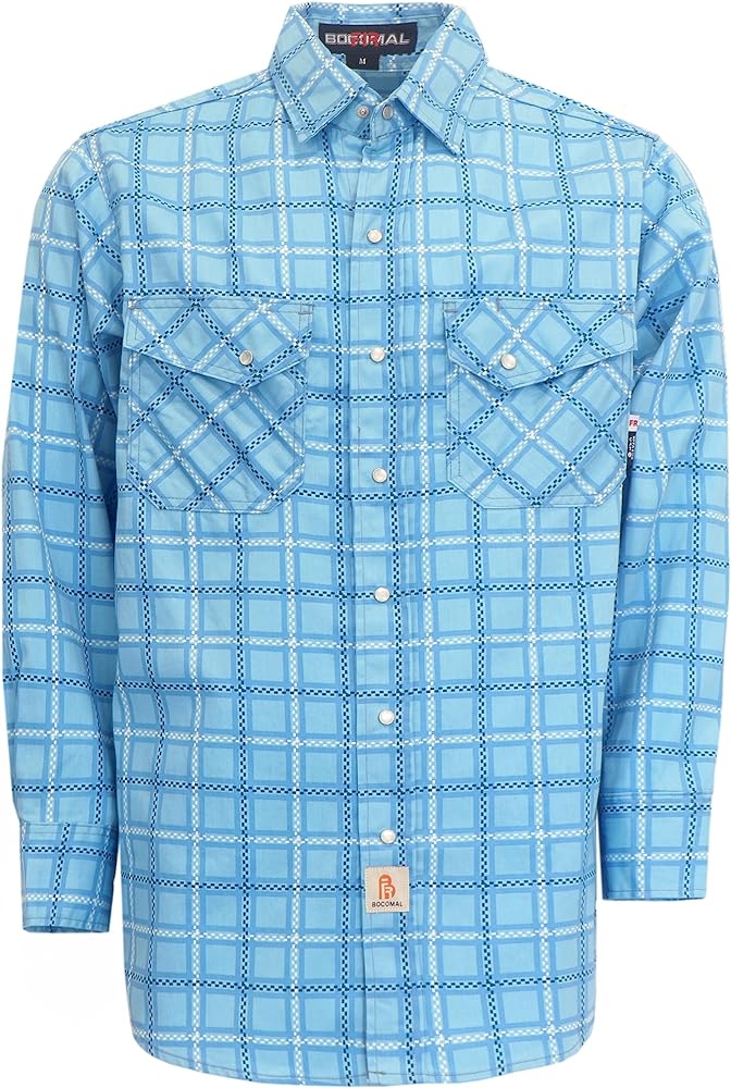 BOCOMAL FR Shirts for Men Printed Plaid Flame Resistant NFPA2112/CAT2 6.5oz Lightweight Fire Retardant Shirt