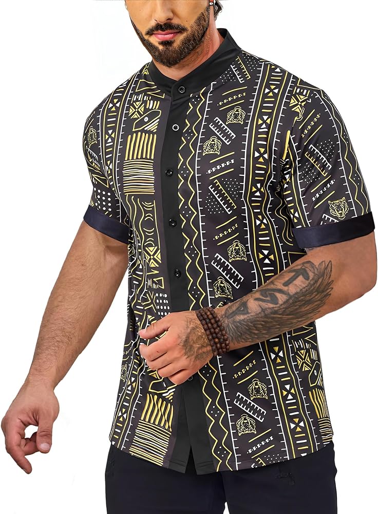 Men's African Traditional Pattern Print Shirt Casual Short Sleeve Button Down Shirts Luxury Printed Dashiki for Men