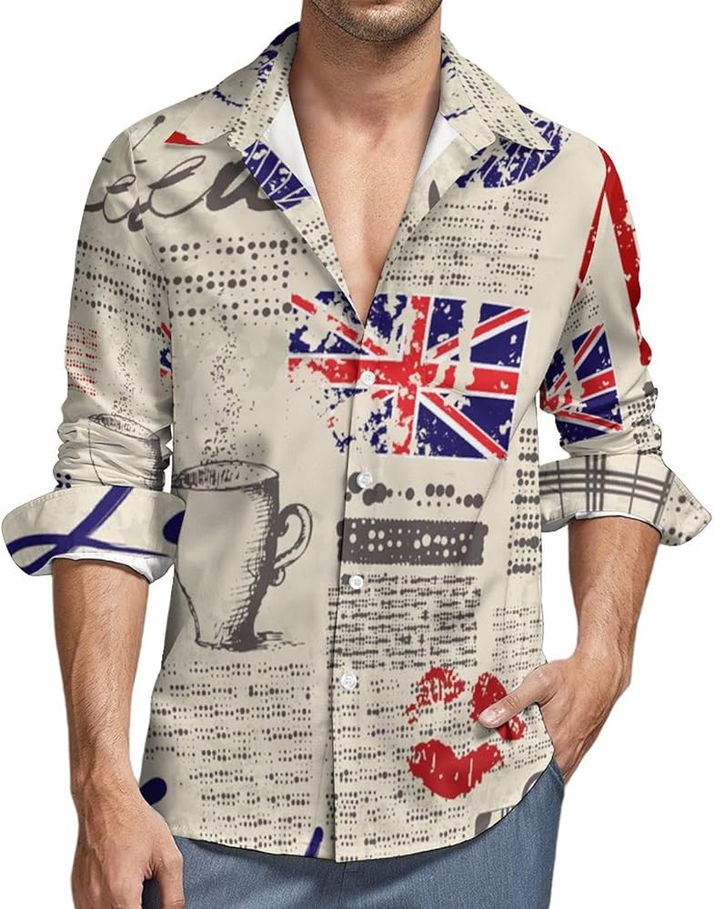 UK Old London Newspaper Print Men's Casual Long-Sleeve Shirt Regular Fit Button Down Shirts Top with Pocket