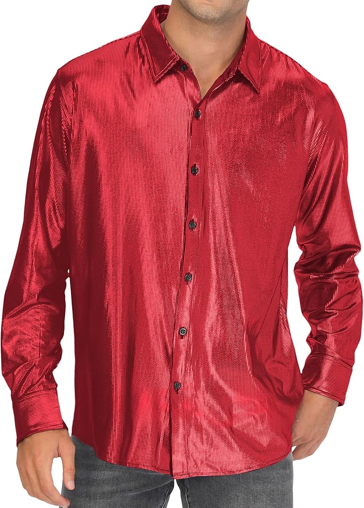 LecGee Men's Regular 70s Disco Shirts Metallic Sequins Long Sleeve Button Down Dress Shirts Nightclub Prom Party Costume