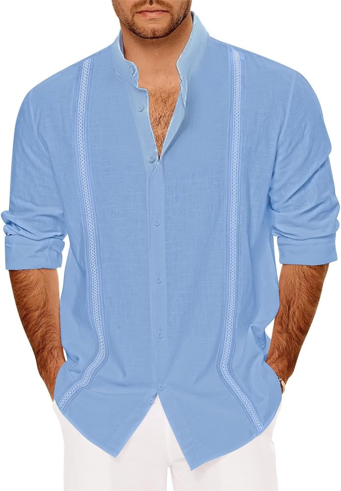 Mens Casual Linen Button Down Long Sleeve Shirts Cuban Guayabera Band Collar Beach Vacation Tops