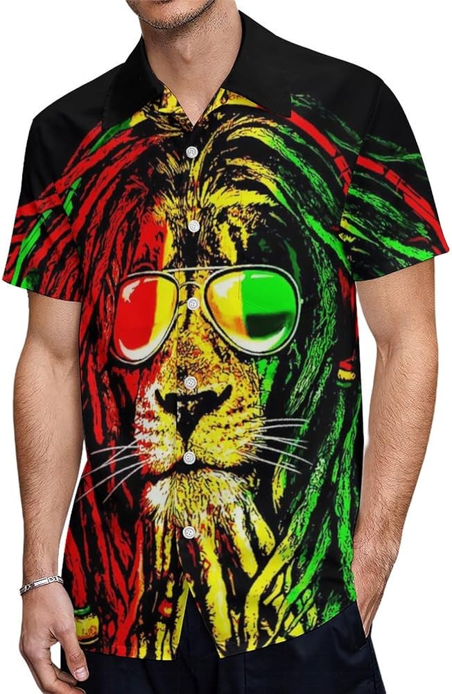 Reggae Rasta Lion Men's Shirt Button Down Short Sleeve Dress Shirts Casual Beach Tops for Office Travel