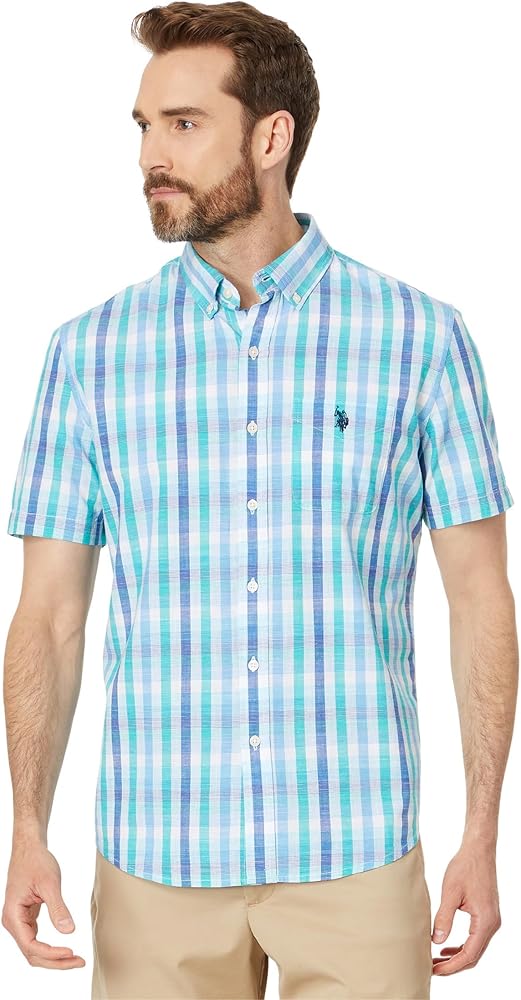 U.S. Polo Assn. Men's Short Sleeve Classic Fit 1 Pocket Cotton Yarn Dye Slub Plaid Poplin Woven Shirt