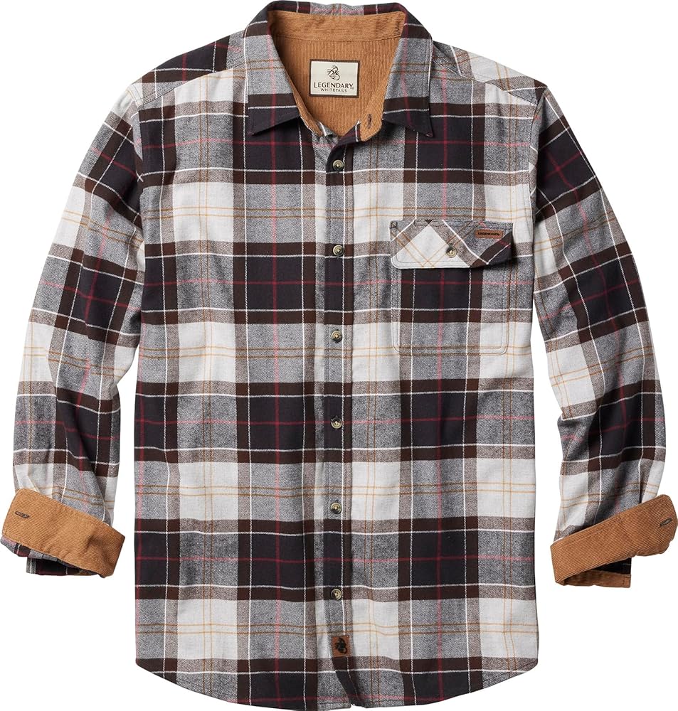 Legendary Whitetails Buck Camp Flannel, Long Sleeve Button Down Casual Shirt for Men, with Corduroy Cuffs, Huntsman Charcoal Plaid