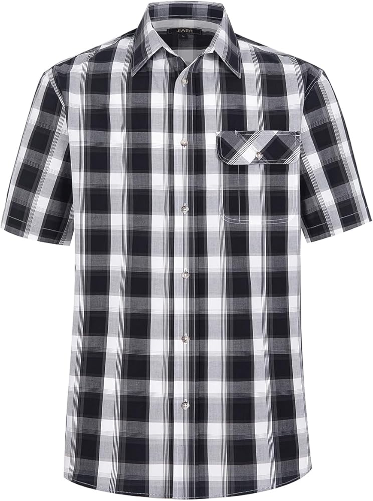 Men's Casual Stylish Short Sleeve Button-Up Plaid Shirts Cotton Shirt