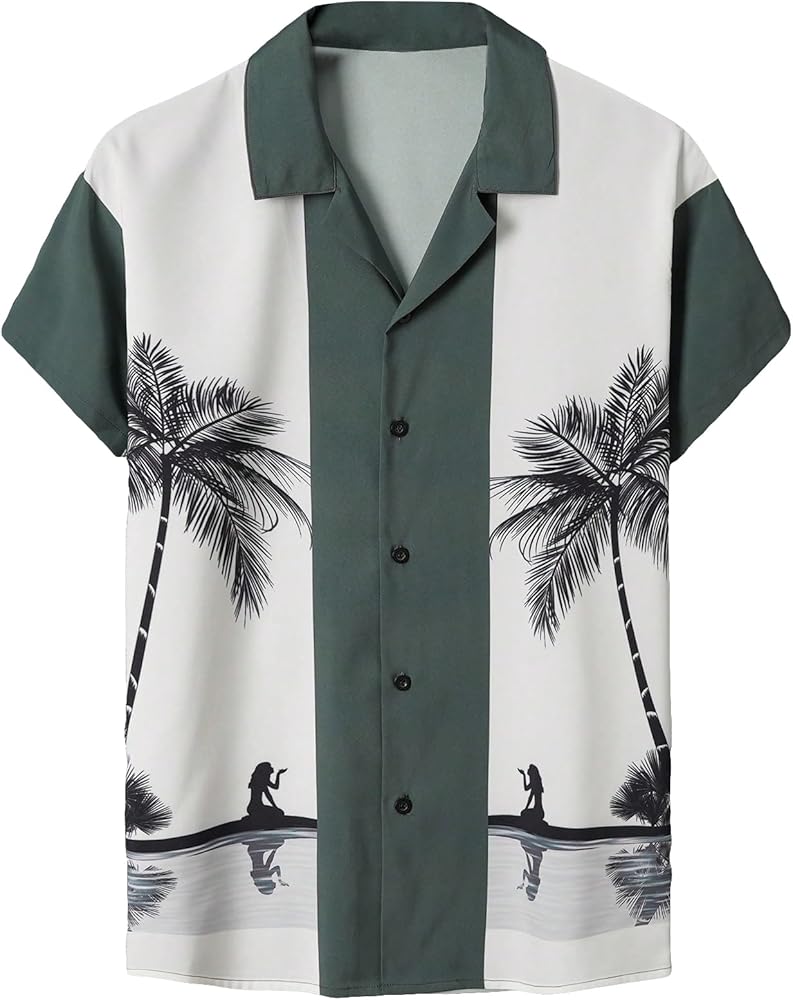 Verdusa Men's Tropical Print Colorblock Button Down Shirt Short Sleeve Summer Casual Tops