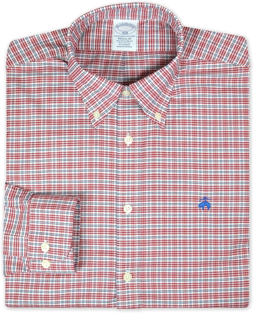 Brooks Brothers Mens Regular Fit Cotton Blend Mixed Square Plaid Embroidered Dress Shirt