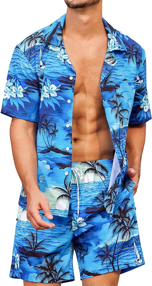 SILKWORLD Men's Casual Button Down Shirts 2 Piece Short Sleeve Outfits Hawaiian Shirt and Shorts Set