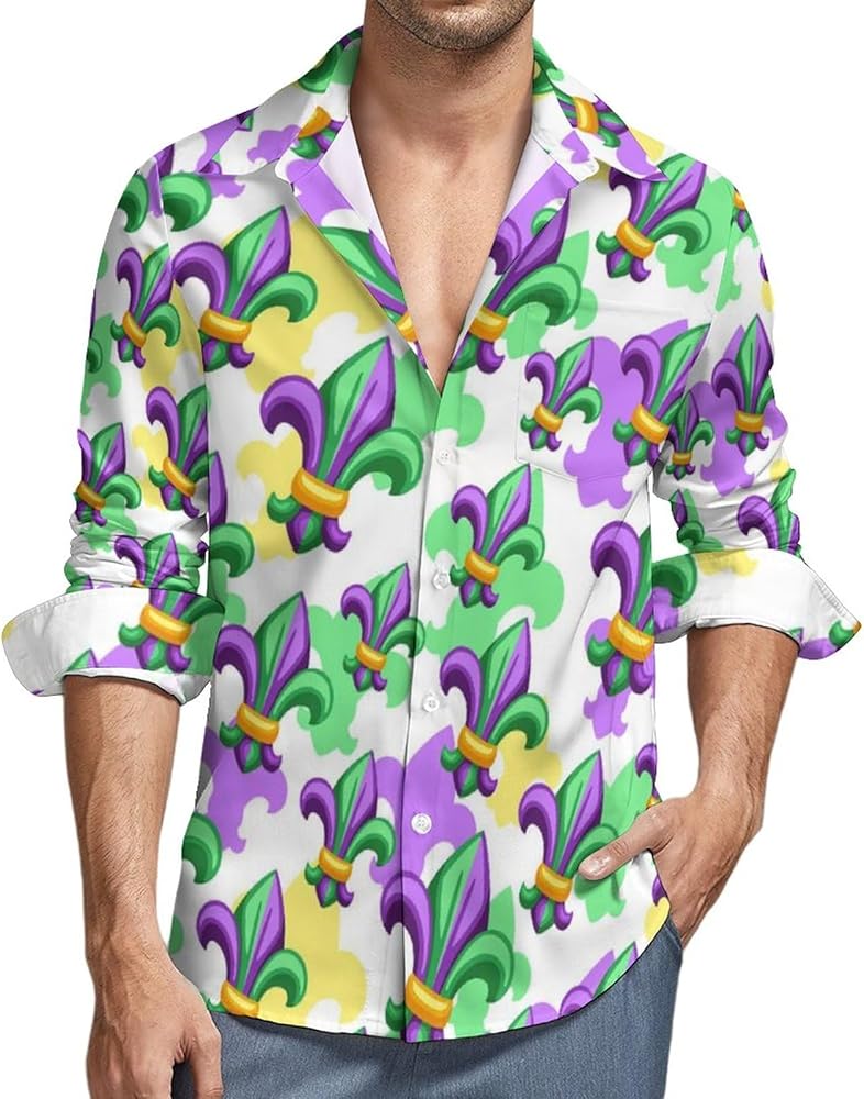 Fleur De Lis in Mardi Gras Mens Long Sleeve Shirts Casual Button Down Shirts for Men Summer Beach Tees with Pocket