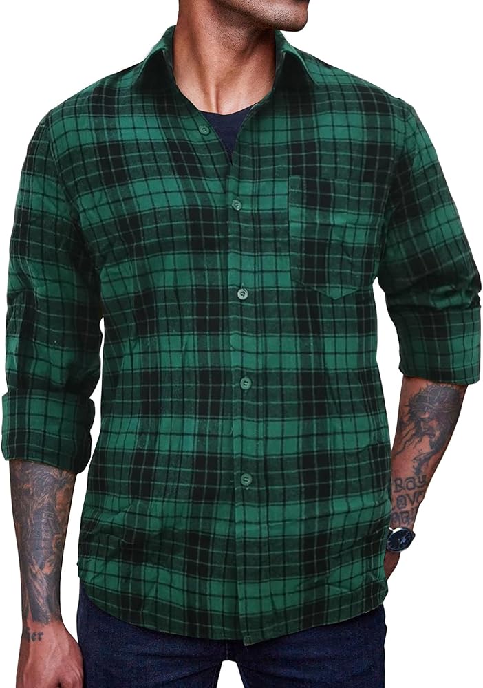 COOFANDY Men Long Sleeve Shirts Lightweight Fleece Button Up Flannel Plaid Shirt