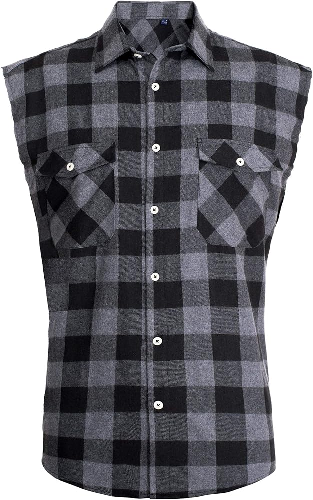 Alimens & Gentle Men's Sleeveless Flannel Plaid Shirts Casual Button Down Shirts