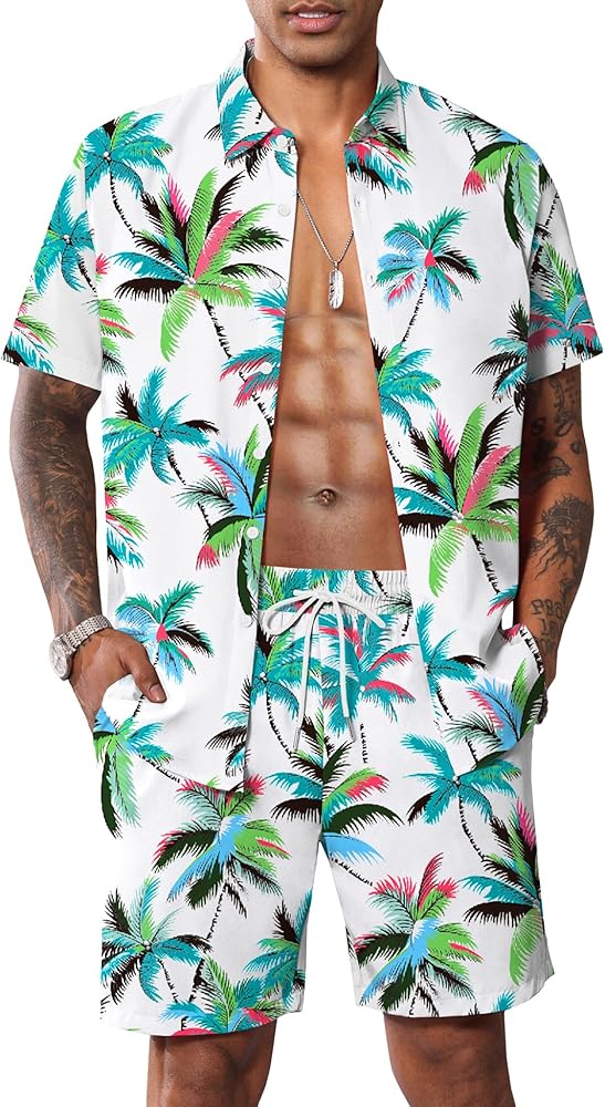 LecGee Mens Coconut Tree Hawaiian Sets Casual Short Sleeve Button Down Shirts Shorts 2 Piece Outfits Summer Tracksuit