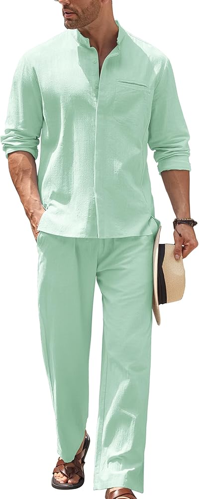 COOFANDY Mens 2 Pieces Cotton Linen Set Long Sleeve Button Up Shirt and Beach Pants Set Summer Yoga Outfits