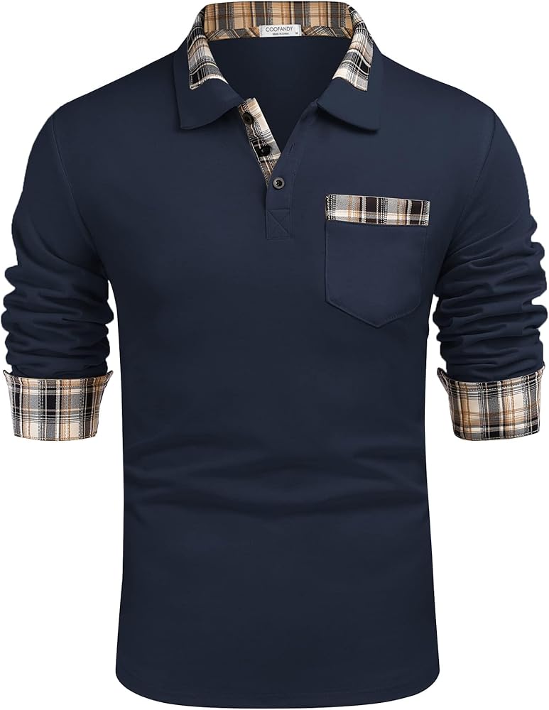 COOFANDY Men's Casual Polo Shirt Long Sleeve Classic Plaid Button Tees with Pockets