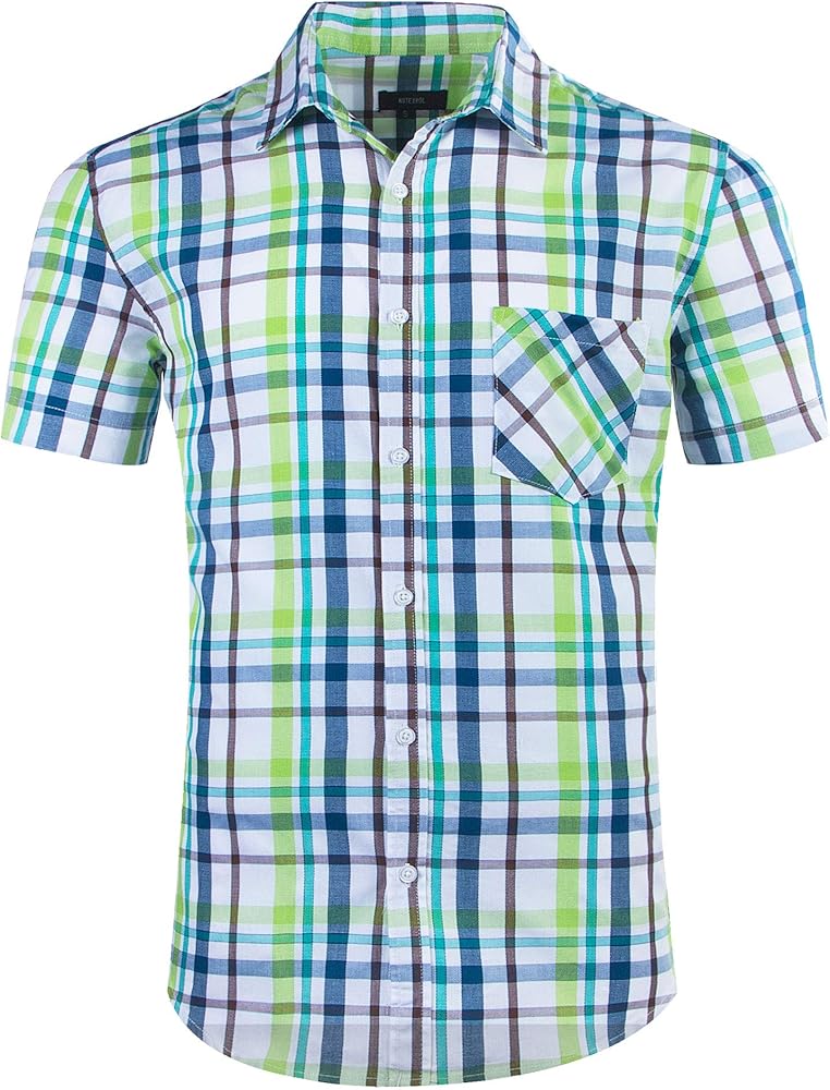 Men Plaid Cotton Casual Short Sleeve Button Down Dress Shirts Beige