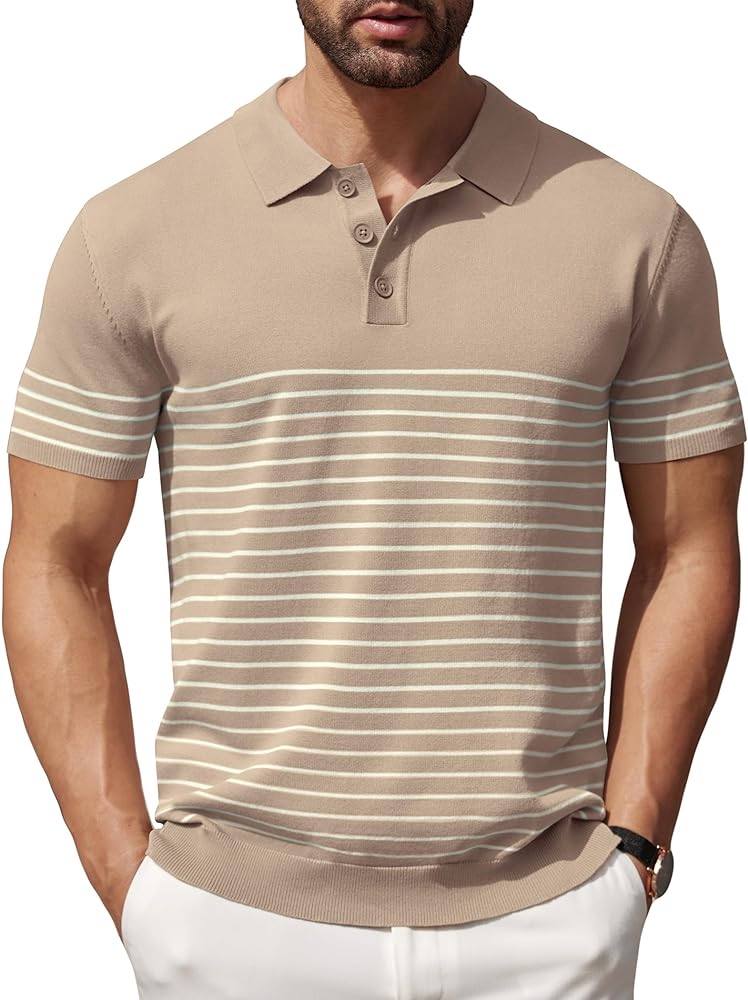 COOFANDY Men's Knit Polo Shirts Short Sleeve Striped Polo Shirt Fashion Casual Golf Shirts