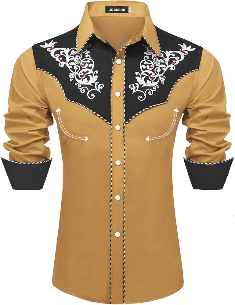 Men's Long Sleeve Pearl Snap Shirt Rhinestone Cowboy Cut Western Embroidered Casual Button Down Shirt