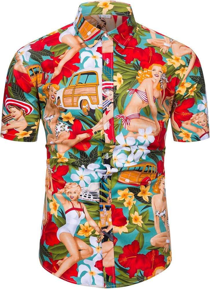 TUNEVUSE Mens Flower/Pineapple/Bird Print Hawaiian Short Sleeve Shirt Casual Button Down Tropical Shirt