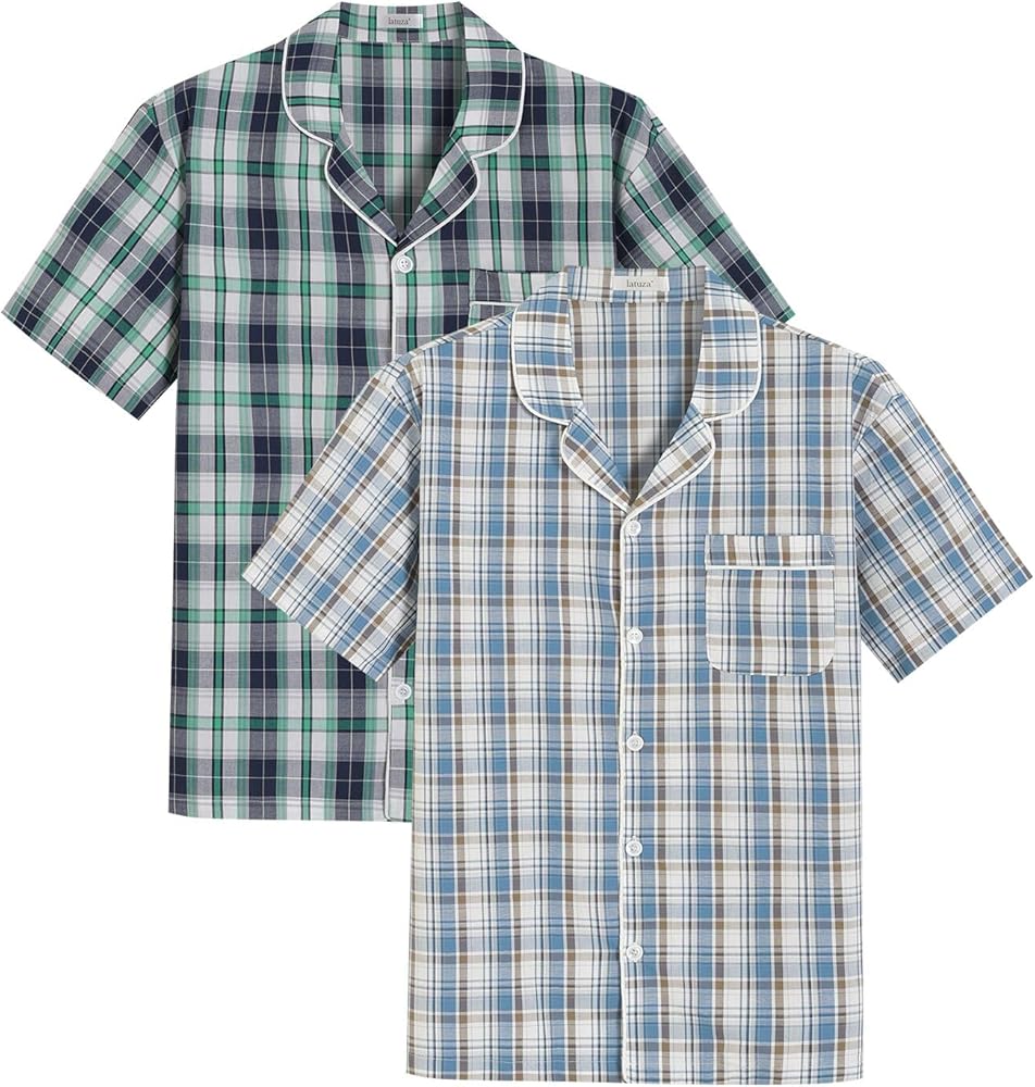 Latuza Men's Button Down Pajama Top 2 Pack Cotton Sleep Shirt