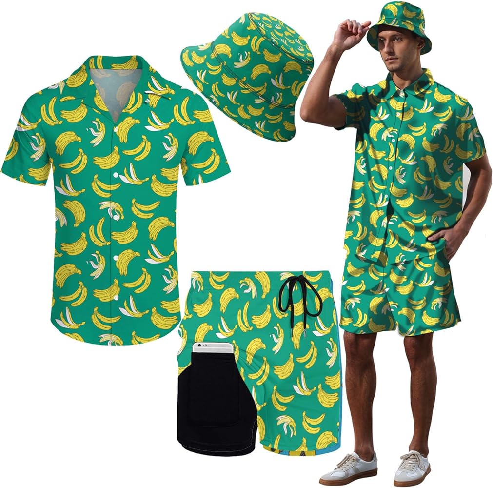 Hawaiian MenS 2 Piece Outfits Rave Duck Shirts Shorts Outfits Tropical Set with Hat