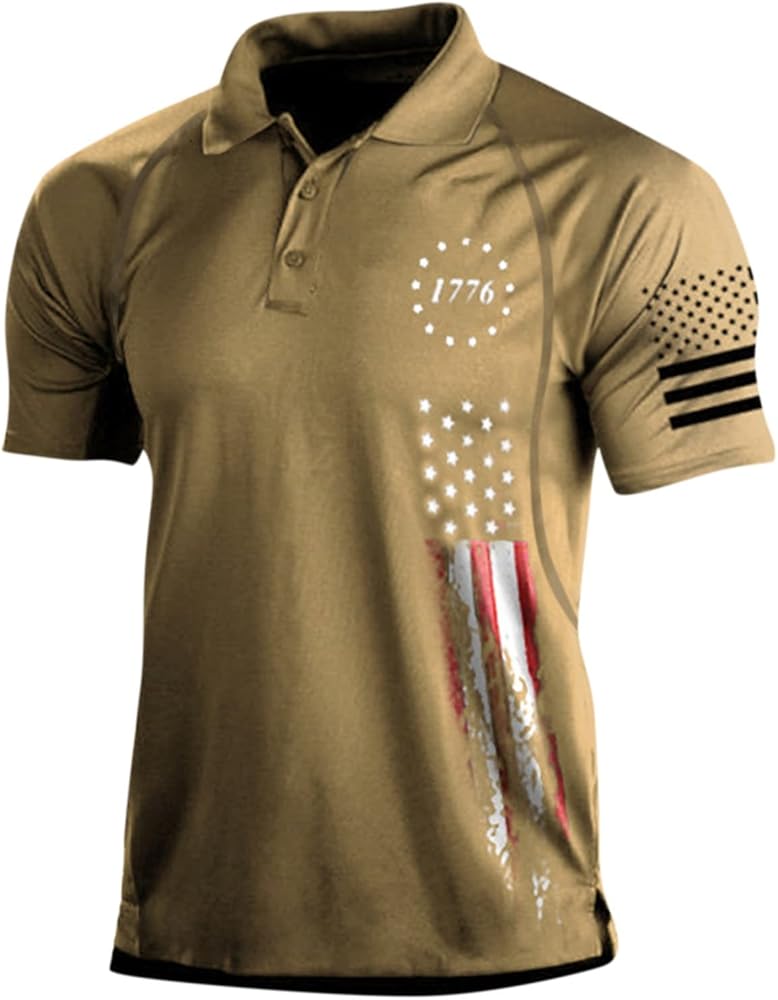 Mens Polo Shirts with Pocket, European and American Men's Retro Outdoor Top Digital Printing Short-Sleeved Top