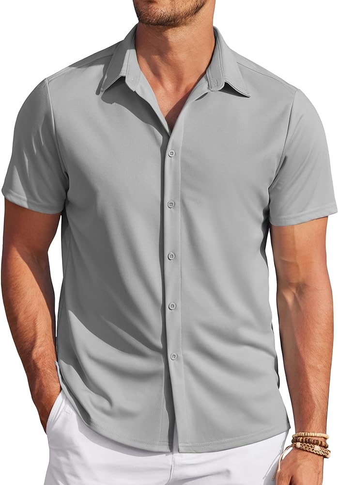 COOFANDY Men's Casual Button Down Shirts Short Sleeve Wrinkle Free Summer Tops Light Gray