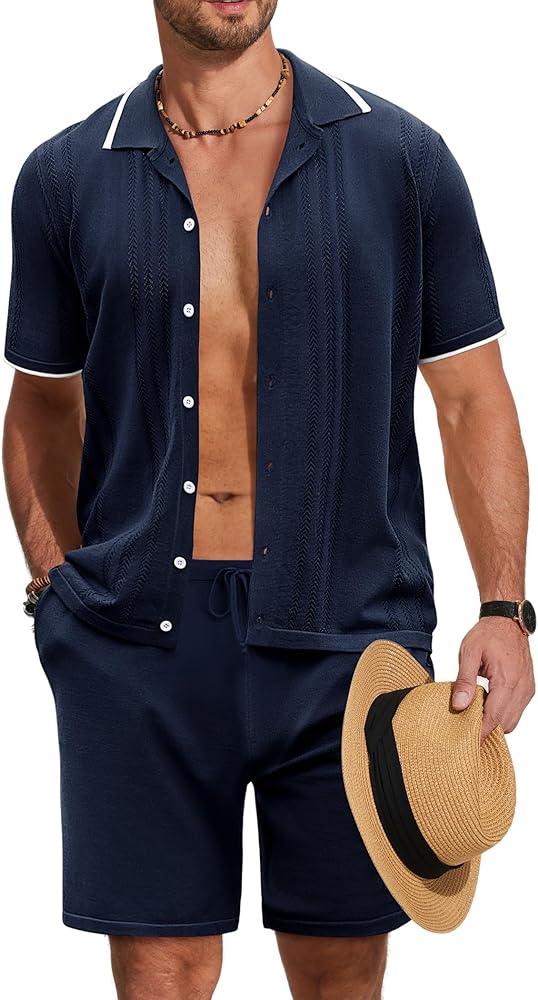 COOFANDY Men's Knit Polo Shirt Set Breathable Hollow Out Casual Button Down Shirts and Shorts