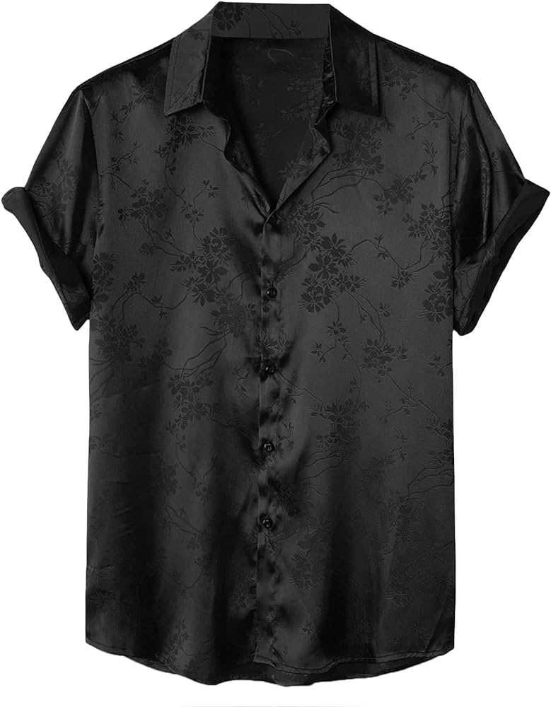 SOLY HUX Men's Short Sleeve Button Down Shirts Casual Dress Going Out Camp Tops Black Satin XXL