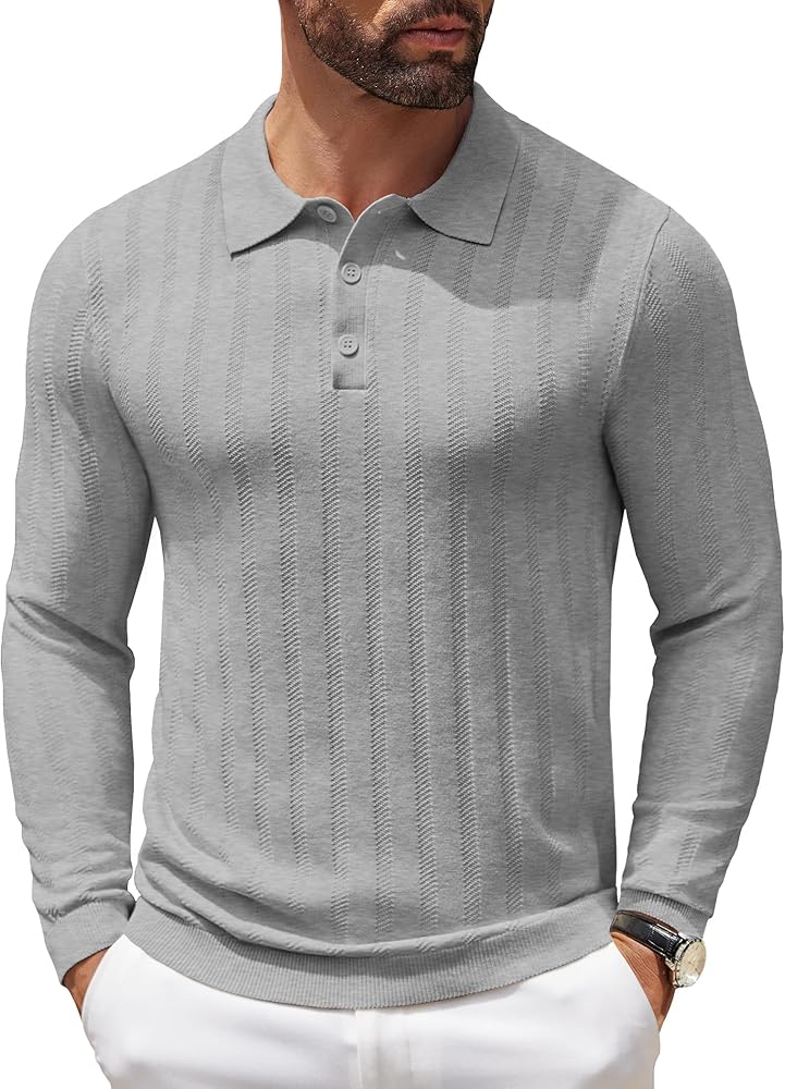 COOFANDY Men's Knit Polo Shirt Casual Long Sleeve Polo Sweater Dress Collar Polo Classic Golf Shirts